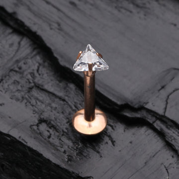Detail View 1 of Rose Gold Triangle Gem Sparkle Prong Set Top Internally Threaded Steel Labret-Clear Gem